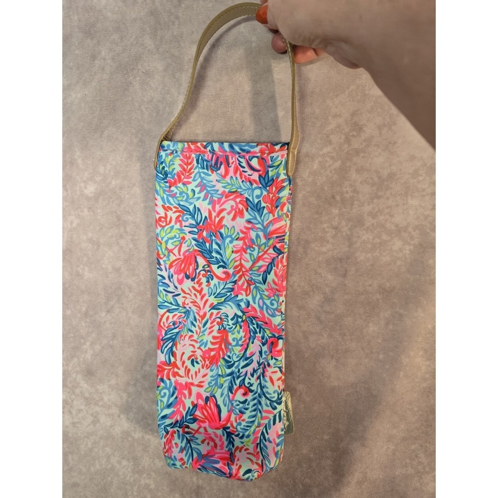 Lilly Pulitzer Pink Flamingo Wine Tote Aqua Blue Gold Handle 12x5 Inch NWOT NEW